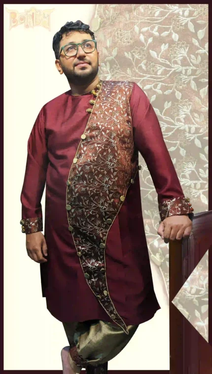 Boriby men’s maroon kurta panjabi with floral gold embroidery and golden dhoti pants