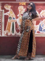 Boriby women’s long kurti in gray, orange, and yellow with floral and striped patterns, side slit, and pocket detail