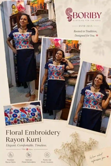 Boriby women’s navy blue rayon kurti with intricate floral embroidery, elegant ethnic wear for festive and everyday occasions