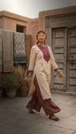 Model walking in Stylish beige and maroon Boriby women’s kurti with palazzo pants, ethnic detailing, and accessories in a heritage courtyard setting