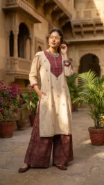 Stylish beige and maroon Boriby women’s kurti with palazzo pants, ethnic detailing, and accessories in a heritage courtyard setting