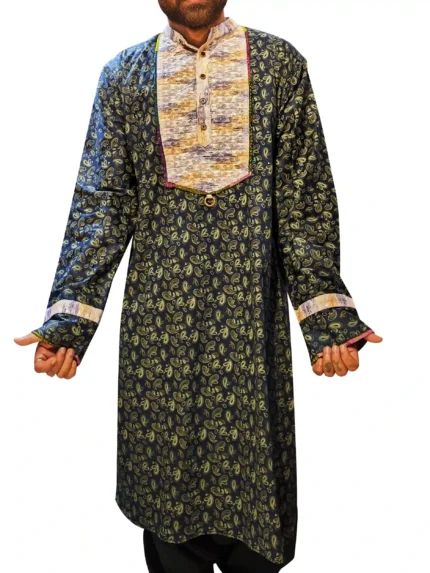 Men’s premium plus size printed blue cotton silk wedding kurta by Boriby