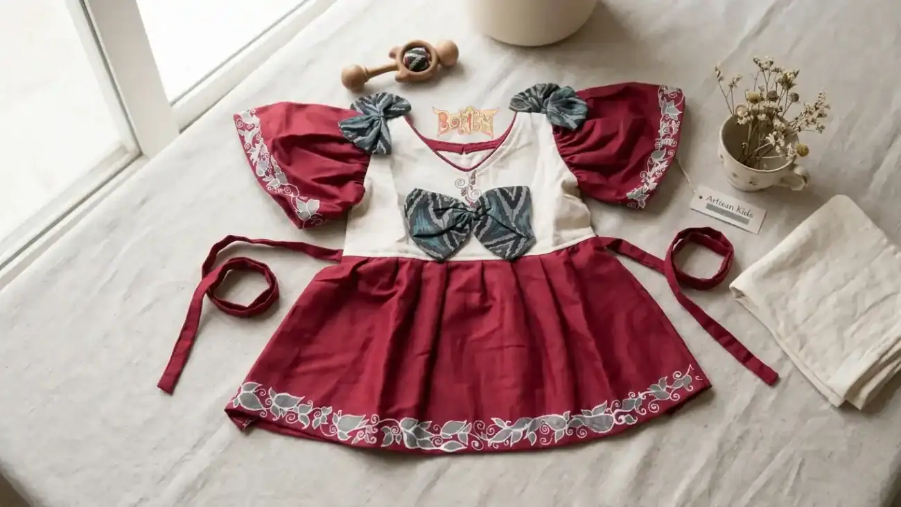 Baby girls red and white bow cotton party dress front view