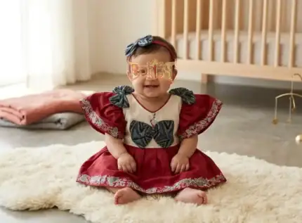 Infant girls red and white bow dress close‑up of bow detail