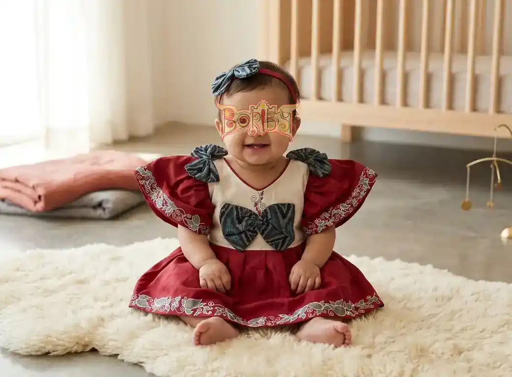 Infant girls red and white bow dress close‑up of bow detail