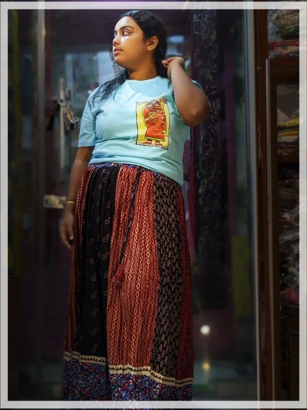 Hand‑painted oversized T‑shirt and Ajrakh skirt set