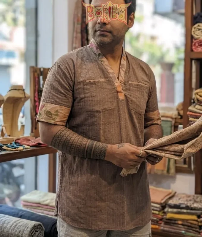 Boriby Designer Cotton Kurta front view with ethnic patterned cuffs and V‑neckline