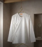 Boriby Angarakha White Self Stripe Cotton Kurta for Men front view with elegant wrap design and side ties