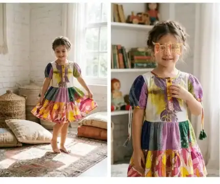 Patchwork Cotton Baby Frock with Tassel Sleeves