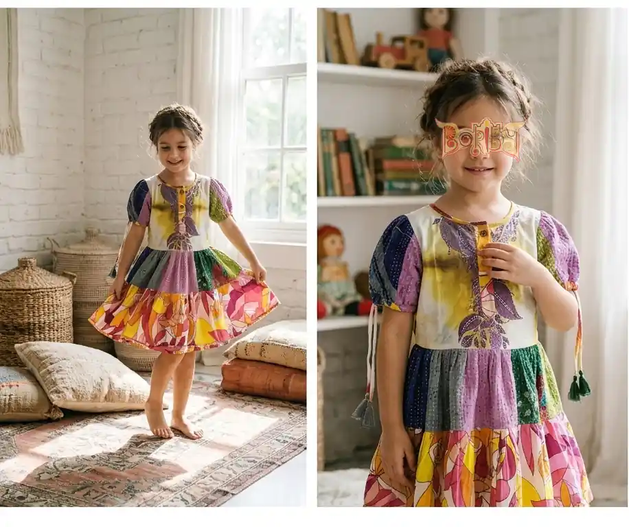 Patchwork Cotton Baby Frock with Tassel Sleeves