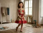 Boriby handcrafted girls’ red and beige bow dress – boutique kidswear with vintage aesthetic, perfect for festive occasions.