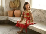 Boriby designer girls’ patterned beige and red dress with waist ribbon – artisanal kids fashion for birthdays and celebrations.