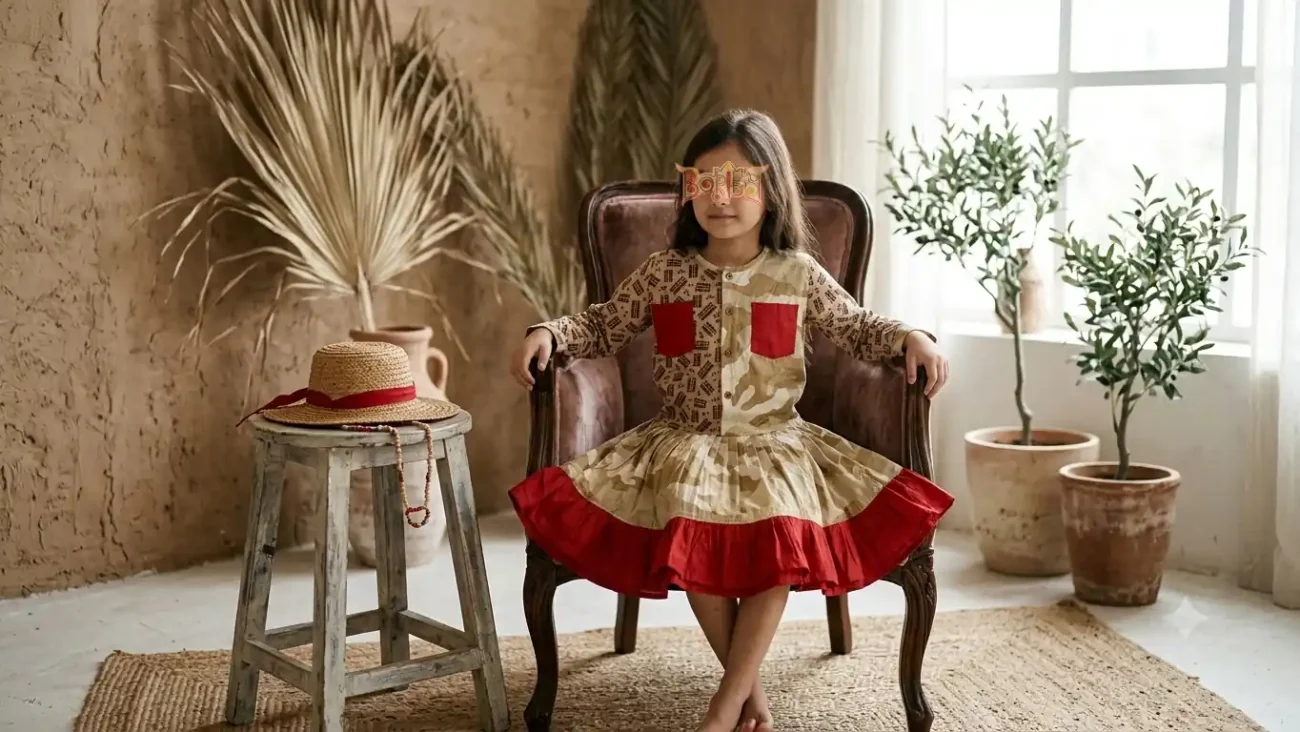 Boriby kidswear girls’ red pocket dress – handcrafted boutique clothing with artistic styling, ideal for parties and cultural events.
