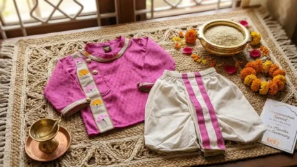 Boriby Designer Baby Boy Dhoti Kurta Set displayed with rice ceremony accessories and marigold flowers