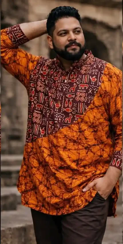 Boriby Designer Batik Full Sleeve Short Kurta with Pants – Plus Size Men’s Ethnic Wear