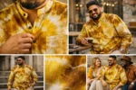 Plus size man wearing Boriby yellow and brown tie dye Bhagalpuri silk shirt with mandarin collar and button‑down front, collage with café and outdoor shots