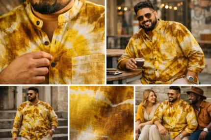 Plus size man wearing Boriby yellow and brown tie dye Bhagalpuri silk shirt with mandarin collar and button‑down front, collage with café and outdoor shots