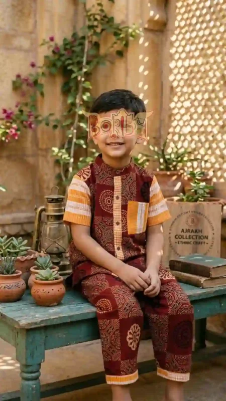 Child in maroon and orange Ajrakh cotton outfit sitting on rustic bench with ethnic craft décor.