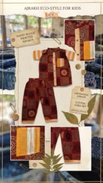 Children’s cotton cord set in maroon Ajrakh hand-block print with striped accents, eco-friendly artisanal design.