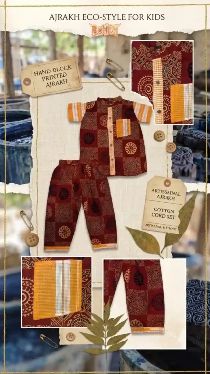 Children’s cotton cord set in maroon Ajrakh hand-block print with striped accents, eco-friendly artisanal design.
