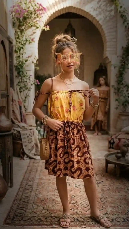 Woman in off-shoulder yellow floral top and brown patterned skirt with woven bag, standing in artistic courtyard.