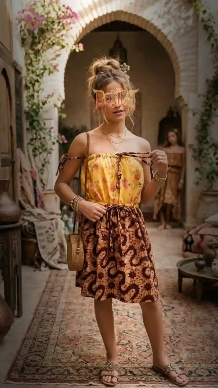 Woman in off-shoulder yellow floral top and brown patterned skirt with woven bag, standing in artistic courtyard.