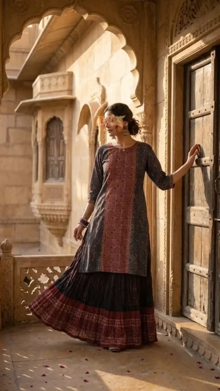 Traditional Boriby Ajrakh kurti skirt ensemble with flared design, photographed against ornate sandstone arches.