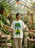 Boriby biophilic oversized white T‑shirt with hand‑painted tree and human motif, eco‑friendly fashion in greenhouse setting.