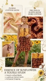 Woman in sleeveless yellow floral top and brown patterned skirt standing in sunflower field at sunset.