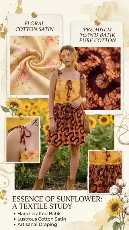 Woman in sleeveless yellow floral top and brown patterned skirt standing in sunflower field at sunset.