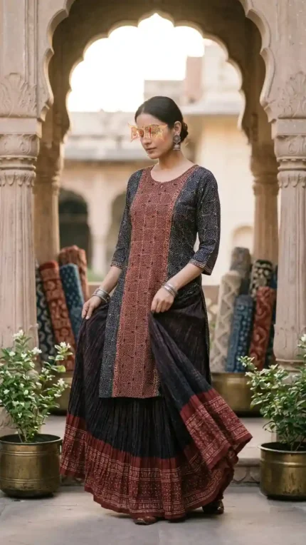 Elegant Boriby Ajrakh kurti skirt set in maroon and black block prints, styled with ethnic jewelry in a heritage courtyard.