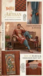 Woman wearing Boriby designer rust checked kurta with printed artwork and teal trousers tied at the knees, standing in courtyard with rustic wooden door and greenery