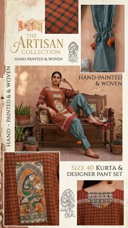 Woman wearing Boriby designer rust checked kurta with printed artwork and teal trousers tied at the knees, standing in courtyard with rustic wooden door and greenery