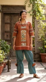 Woman wearing Boriby designer rust‑colored checked kurta with printed artwork and teal blue trousers, standing in courtyard with rustic wooden door and potted plants
