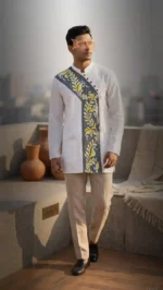 Boriby hand‑painted white kurta with gray diagonal panel and yellow floral embroidery, full sleeve short kurta for men.