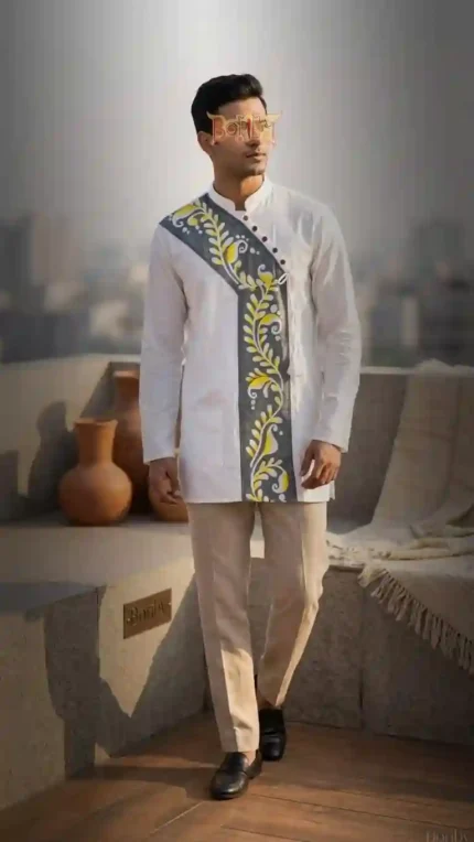 Boriby hand‑painted white kurta with gray diagonal panel and yellow floral embroidery, full sleeve short kurta for men.