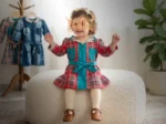 Young girl in a red and blue plaid Boriby dress with turquoise belt and pockets, cream tights, brown shoes, and floral headband, sitting on an ottoman with matching dresses in the background.