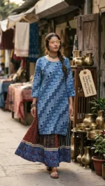 Woman wearing Boriby kurti skirt combo with blue block‑printed cotton top and multicolored skirt, walking through traditional market street with textiles and brassware stalls