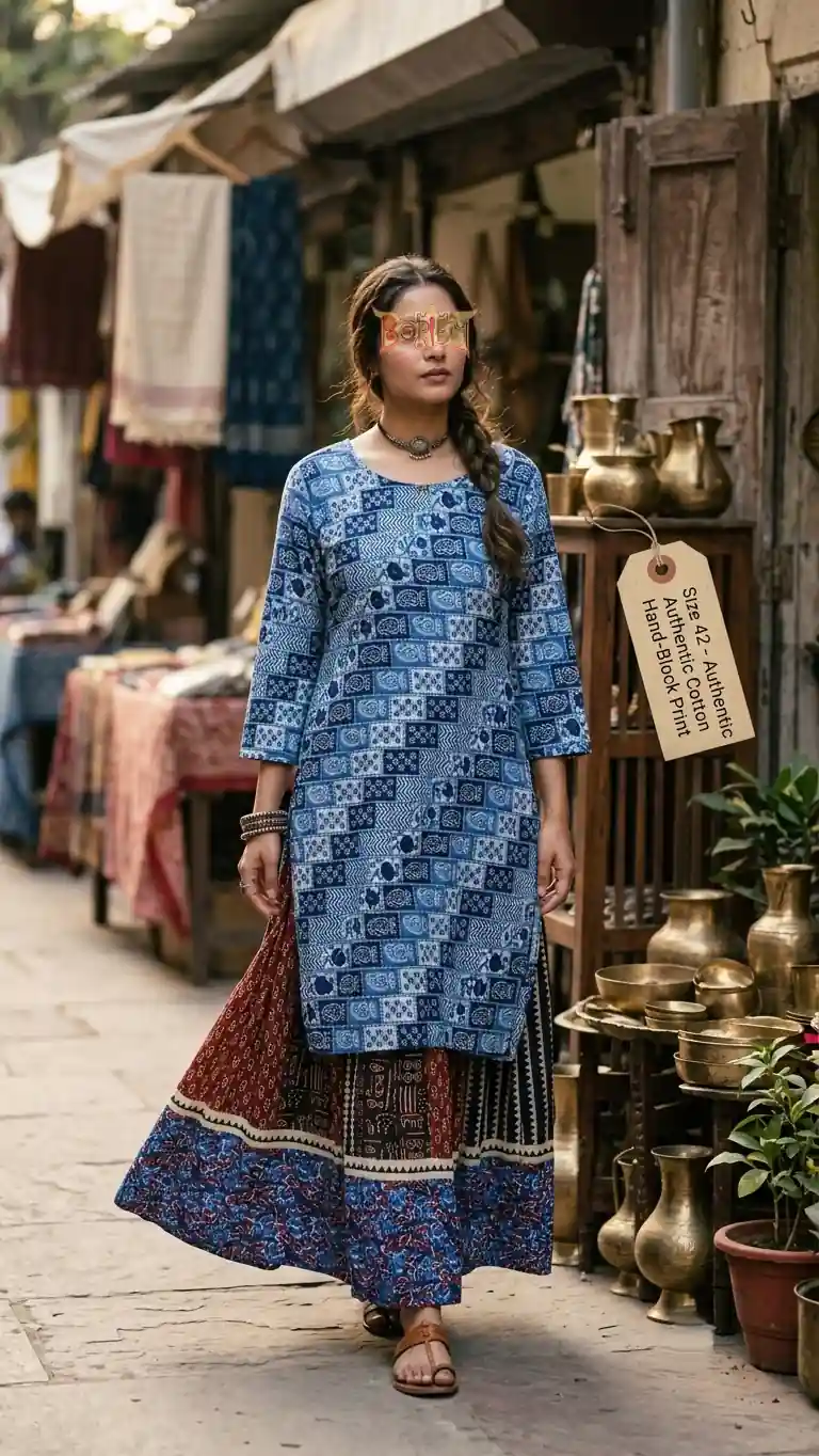 Boriby Kurti Skirt Combo – Authentic Hand Block Print Cotton Casual Wear for Women Woman wearing Boriby kurti skirt combo with blue block‑printed cotton top and multicolored skirt, walking through traditional market street with textiles and brassware stalls