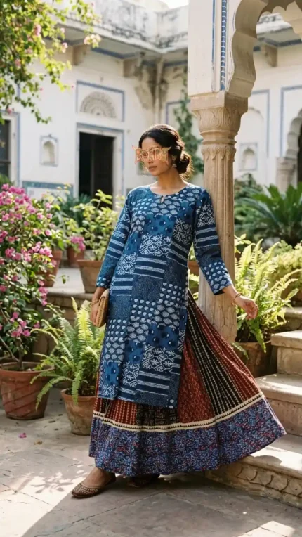 Woman wearing Boriby kurti skirt combo with blue patchwork motifs and floral hem, standing in courtyard with traditional architecture and potted plants