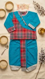 Turquoise cotton kids outfit with plaid accents, laid flat with rice bowls and ceremonial props.