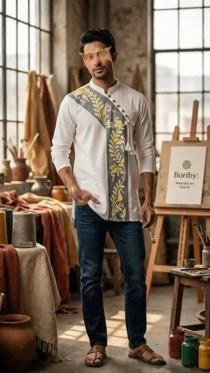 Boriby wearable art kurta – white full sleeve short shirt with gray and yellow leaf motifs, hand‑painted design.