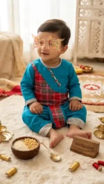 Child in bright blue cotton outfit with red and white plaid accents, seated on cream rug surrounded by traditional rice ceremony items.