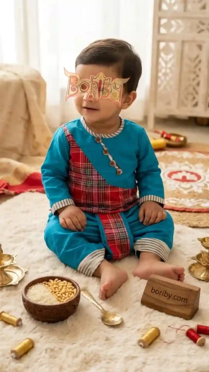 Child in bright blue cotton outfit with red and white plaid accents, seated on cream rug surrounded by traditional rice ceremony items.