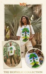 Boriby Biophilic Collection oversized white T‑shirts with hand‑painted tree and human motif, eco‑fashion campaign poster.