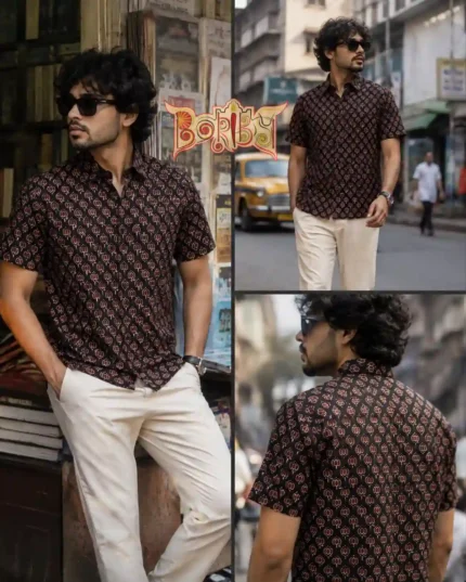 Man wearing Boriby Ajrakh Printed Half Shirt with geometric motifs in an urban street setting