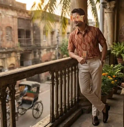 Man wearing Boriby Ajrakh Printed Half Shirt styled with beige trousers on a vintage balcony