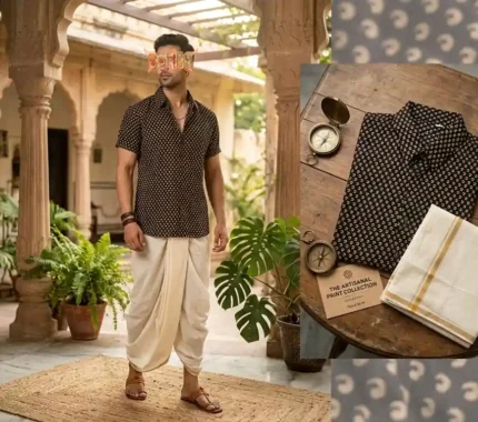 Man wearing Boriby Ajrakh Printed Half Shirt with cream dhoti pants in traditional courtyard setting