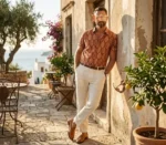 Man wearing Boriby Ajrakh Printed Half Shirt with light trousers in coastal Mediterranean setting