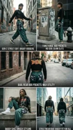 Collage of models showcasing Boriby unisex baggy jogger pants with box pockets and rear pockets in urban street settings